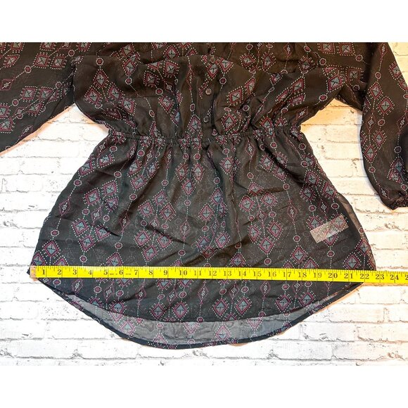 Maurice's Sheer Black Geometric Print Tunic Top With Elastic Waist & 3/4 Sleeves - Picture 9 of 11